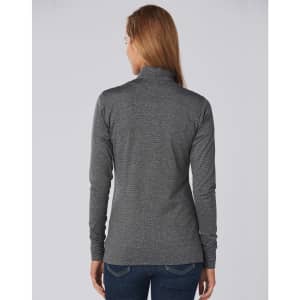 A grey ladies' half zip long sleeve sweat top with a fitted design, featuring a collar and long sleeves.