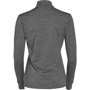 A dark grey half zip long sleeve sweat top for ladies, featuring a fitted design and a standing collar.