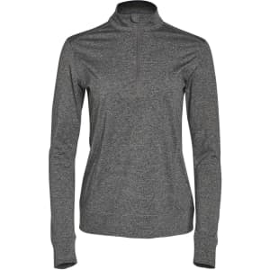 A ladies' half zip long sleeve sweat top in a dark grey colour with a logo. Suitable for casual wear or layering.
