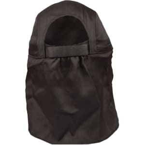 A black poly cotton legionnaire hat with an open back and an adjustable strap. It features a logo on the side.
