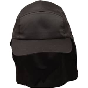 A black poly cotton legionnaire hat with a wide brim and neck flap, featuring a logo.
