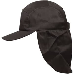 A black poly cotton legionnaire hat with a curved brim and a long, protective neck flap, featuring a logo.