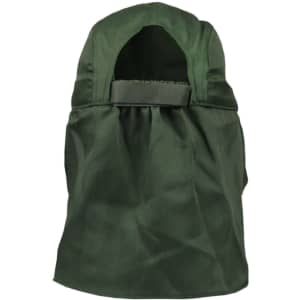 A green poly cotton legionnaire hat with an open back and an attached strap. Features a logo on the side.