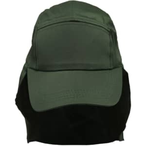 A green poly cotton legionnaire hat with a wide brim and a neck flap. It features a logo on the front.