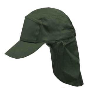 A green poly cotton legionnaire hat with a wide brim and neck flap, featuring a logo on the front.