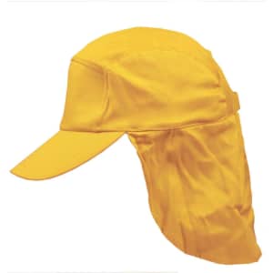 A yellow poly cotton legionnaire hat featuring a wide brim and a neck flap, with a logo on the side.