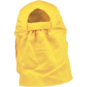 A yellow poly cotton legionnaire hat featuring a back flap and an adjustable strap, with a logo present.