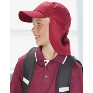 A maroon poly cotton legionnaire hat with a wide brim and flap, worn by a smiling child with a backpack.