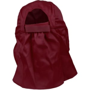 A maroon poly cotton legionnaire hat with a spacious back and a strap. Features a logo branding.