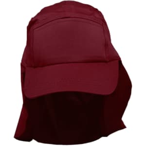 A maroon poly cotton legionnaire hat with a wide brim and neck flap, featuring a logo on the front.