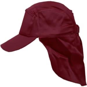 A maroon poly cotton legionnaire hat featuring a wide brim and a neck flap. It includes a logo on the side.