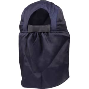 A navy poly cotton legionnaire hat with an open back and gathered fabric. It includes a branding logo.