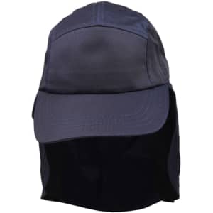 A navy poly cotton legionnaire hat with a wide brim and neck flap, featuring a logo.