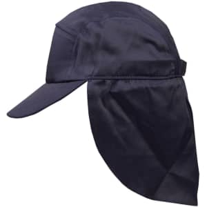 A navy poly cotton legionnaire hat featuring an extended neck flap and a front brim, with a logo on the side.