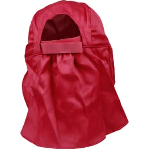 A red poly cotton legionnaire hat with a neck flap and an adjustable strap at the back. Features a logo.