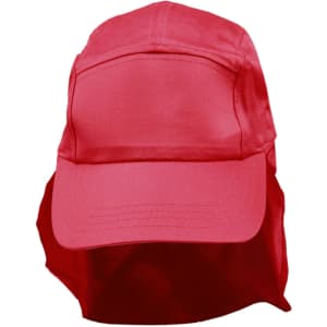 A red poly cotton legionnaire hat with a wide brim and rear flap, featuring a logo.