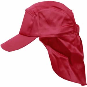 A red poly cotton legionnaire hat with a wide brim and back flap, featuring a branded logo.