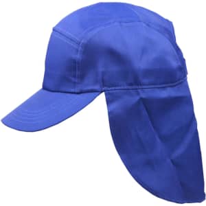 A blue poly cotton legionnaire hat with a wide brim and protective neck flap. It features a logo.