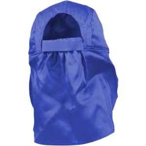 A blue poly cotton legionnaire hat with a rear flap and a logo on the side.