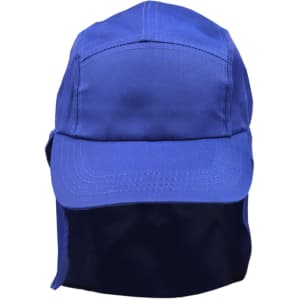 A blue poly cotton legionnaire hat with a protective flap at the back and a logo.