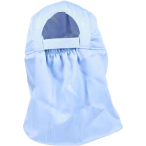A light blue poly cotton legionnaire hat with a covered back and elastic gathering. Features a logo on the side.