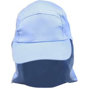 A light blue poly cotton legionnaire hat with a front brim and a protective flap at the back. Includes a logo.