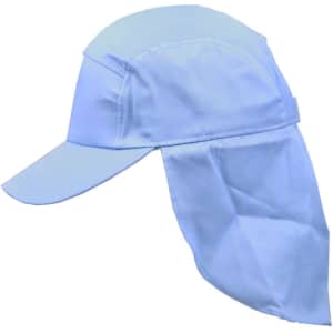 A light blue poly cotton legionnaire hat with a wide peak and a protective flap at the back, featuring a logo.