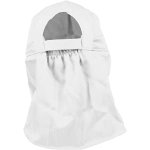 A white poly cotton legionnaire hat featuring a logo and a flap at the back for added protection.