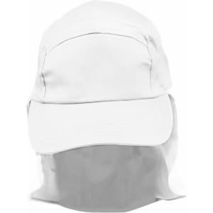 A white poly cotton legionnaire hat with a wide brim and a neck flap, featuring a logo on the front.