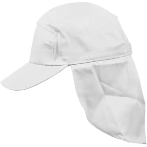 A white poly cotton legionnaire hat with a long neck flap and a curved brim; includes a logo.