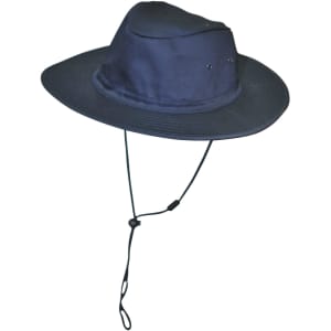 A navy blue slouch hat featuring a break-away clip and an adjustable chin strap. It has a durable design with ventilation holes.