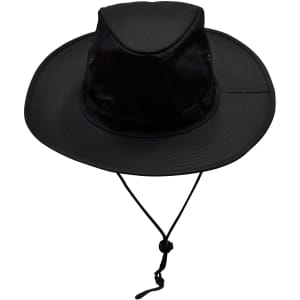 A black slouch hat with a wide brim and a break-away clip, featuring a cord for secure wear.