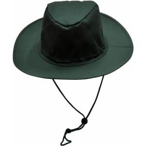 A green slouch hat with a wide brim, featuring a break-away clip and an adjustable chin strap.