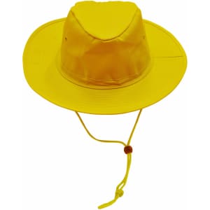 A yellow slouch hat with a wide brim and a break-away clip for secure fastening. It features a logo on the side.