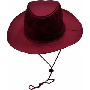 A maroon slouch hat with a wide brim and adjustable break-away clip. It features ventilation holes and a chin strap.
