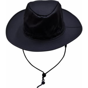 A black slouch hat with a wide brim and adjustable break-away clip for securing under the chin.