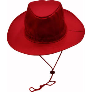 A red slouch hat featuring a wide brim and an adjustable break-away clip for secure wear.