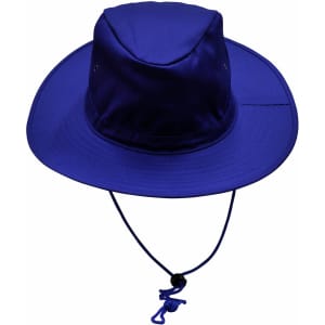 A blue slouch hat with a wide brim and a break-away clip on the chin strap. It includes a logo.
