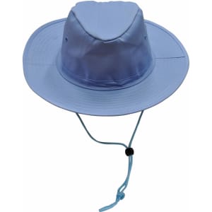 A light blue slouch hat featuring a wide brim and a break-away clip for secure fit. Includes a drawstring for adjustment.