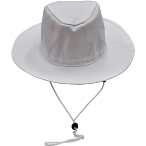 A white bucket hat with a wide brim and a break-away clip attachment on the chin strap. It features a logo.