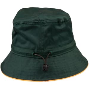 A green bucket hat with an adjustable toggle and an orange rim. It features a logo on the front.