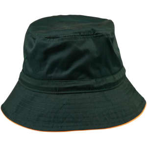 A green bucket hat with a slim brim and an orange underside. It features a logo on the side.