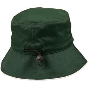 A green bucket hat featuring a toggle adjustment for a secure fit. The hat has a wide brim and seamless design.