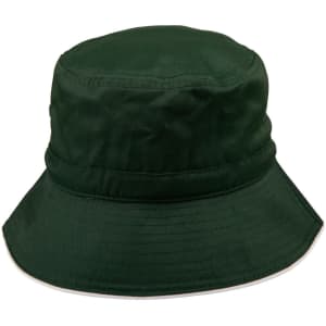 A green bucket hat with a wide brim and an adjustable toggle, featuring a logo.