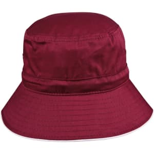 A red bucket hat with a wide brim, featuring a toggle and a logo.