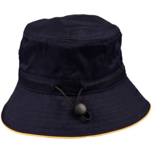 A navy bucket hat with a toggle adjustment and a yellow underside. It features a simple design and a branding logo.