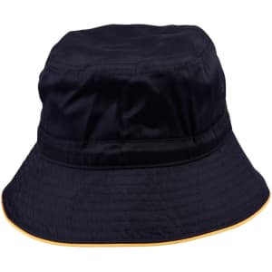 A navy bucket hat with a contrasting yellow trim and a branded logo on the band.