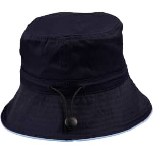 A navy blue bucket hat featuring a toggle adjustment and a brim design. It includes a logo detail.