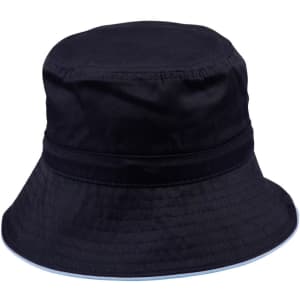 A black bucket hat with a wide brim and toggle detail, featuring a logo on the side.