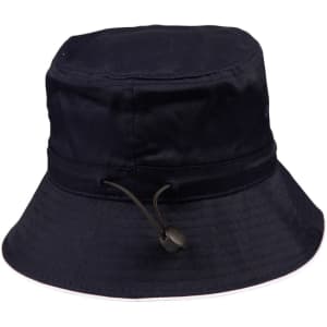 A navy bucket hat with a toggle adjuster, featuring a wide brim for added sun protection.